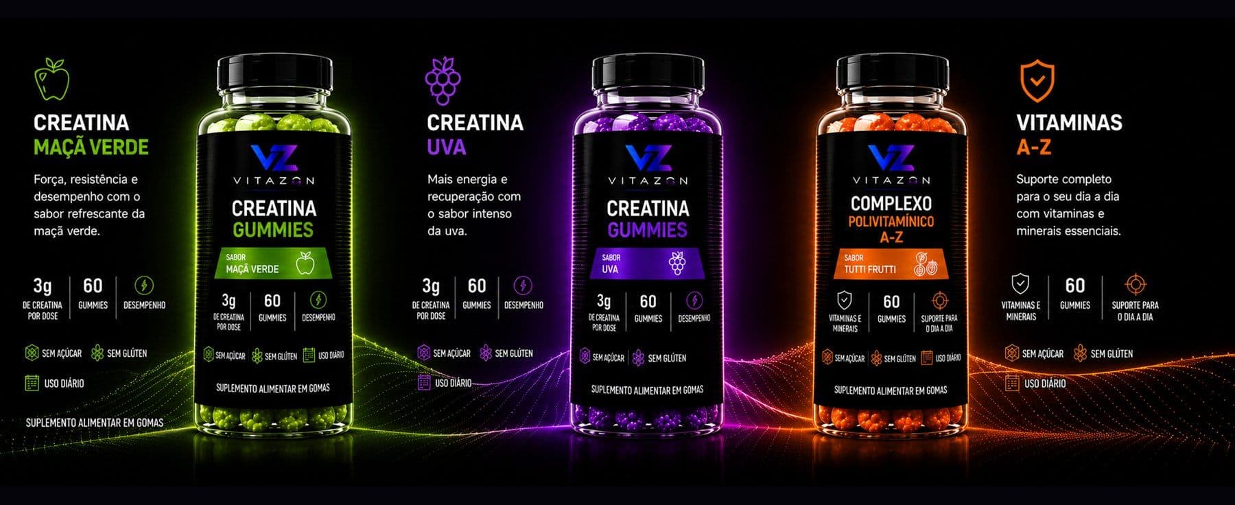 Os três potes da linha Vitazon: Creatina Maçã Verde, Creatina Uva e Complexo Polivitamínico A-Z