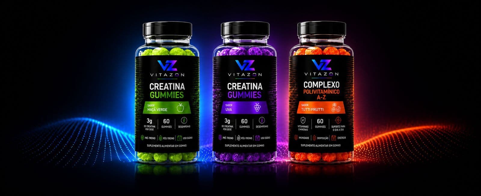 Os três potes da linha Vitazon: Creatina Maçã Verde, Creatina Uva e Complexo Polivitamínico A-Z